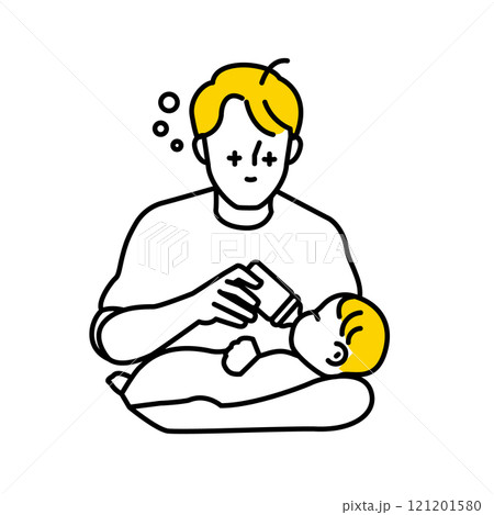 赤ちゃんにミルクをあげる男性のイラスト。育児疲れの父親。夜間授乳。育児休業。 121201580