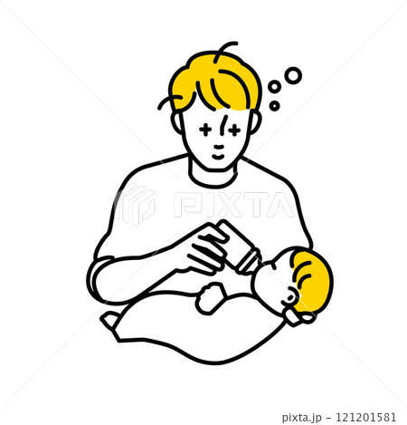 赤ちゃんにミルクをあげる男性のイラスト。育児疲れの父親。夜間授乳。育児休業。 赤ちゃんにミルクをあげる男性のイラスト。育児疲れの父親。夜間授乳。育児休業。 121201581