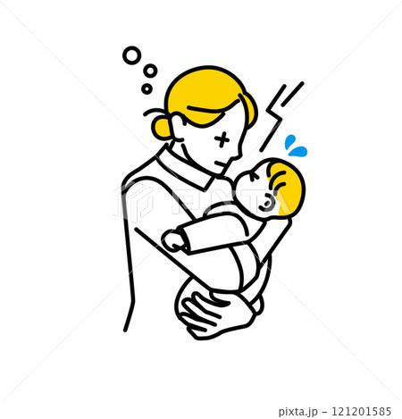 泣く赤ちゃんを抱っこする女性のイラスト。育児疲れ。赤ちゃんの夜泣きのイラスト。 121201585