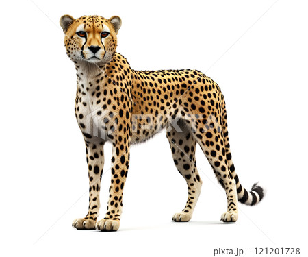 A realistic full-body depiction of a cheetah standing on a white background, showcasing its distinctive spotted coat and athletic build. Wildlife Animals. 121201728