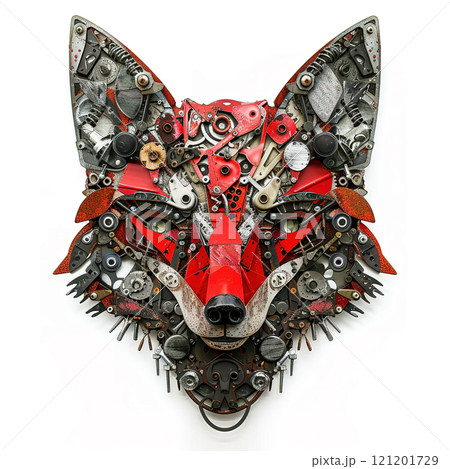 A fox face sculpture made from recycled scrap metal head made of gears, iron, metal, nuts, and bolts. isolated on white background. Unique, intricate design perfect for art lovers and collectors. 121201729
