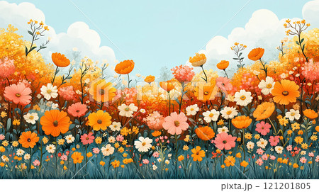 鮮やかなオレンジとピンクの花々が咲き誇る春の花畑イラスト 121201805
