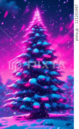 Futuristic Christmas tree glowing with vibrant neon pink blue lights. Snowy branches illuminated by electric hues,for modern design, tech-themed festive projects, party invitation, digital art concept 121201997