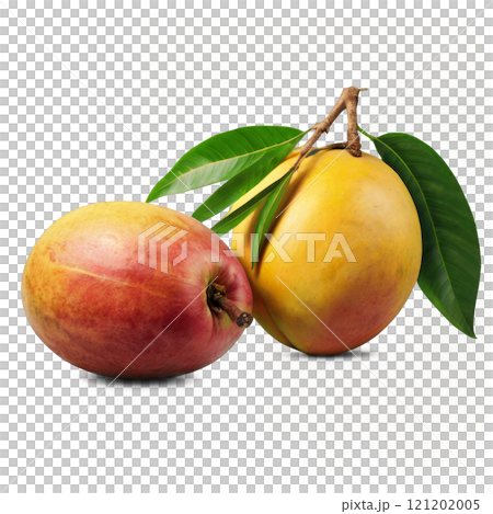 Fresh mangoes with vibrant colors displayed on a white background 121202005