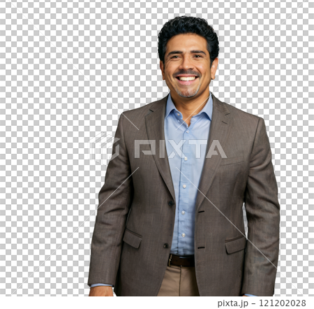 Confident young man in a tailored suit standing against a plain background 121202028
