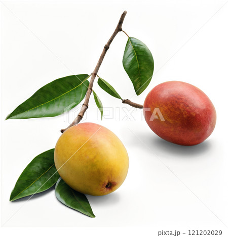 Fresh mangoes with vibrant colors displayed on a white background 121202029