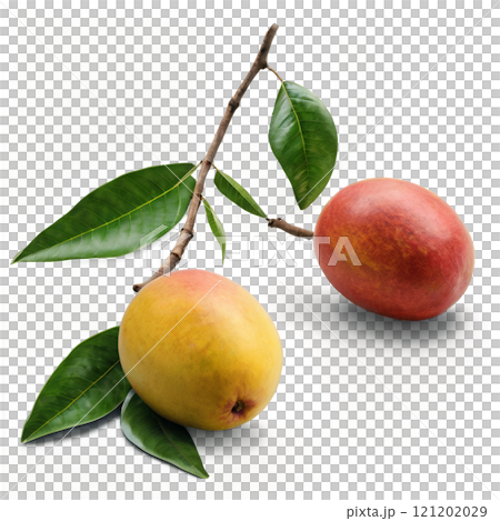 Fresh mangoes with vibrant colors displayed on a white background 121202029