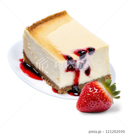 Delicious cheesecake slice topped with berry sauce and fresh strawberry on a plate 121202030