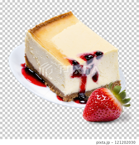 Delicious cheesecake slice topped with berry sauce and fresh strawberry on a plate 121202030