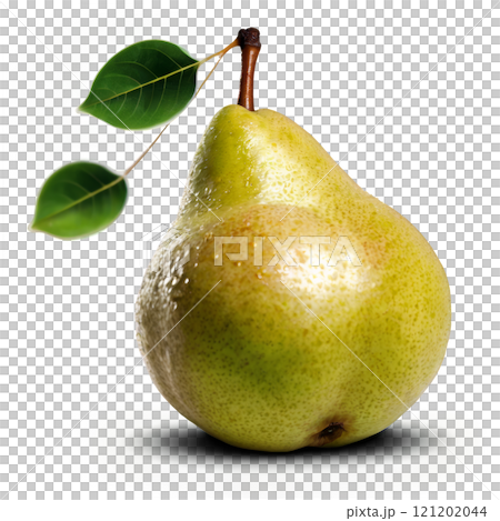 Fresh green pear with leaves resting on a white background under soft lighting 121202044
