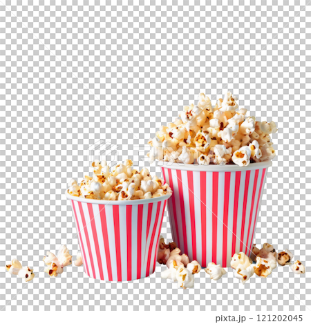 Freshly popped popcorn in a red and white cup on a plain background 121202045