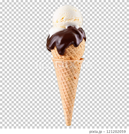 Delicious vanilla ice cream topped with syrup in a waffle cone served on a sunny day 121202059