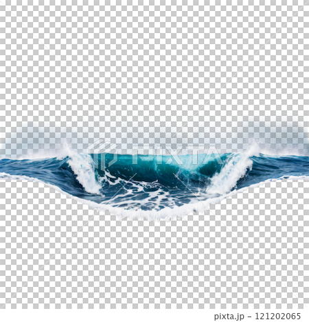 Vivid turquoise ocean waves crashing against rocky shoreline under bright sunlight 121202065