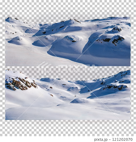 Snow-covered mountain landscape with gentle slopes and clear blue sky in winter 121202070