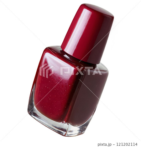 Glossy red nail polish in a glass bottle placed on a white background with a sleek design 121202114
