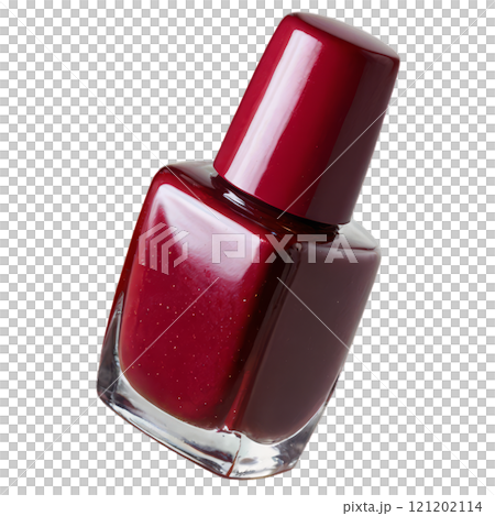 Glossy red nail polish in a glass bottle placed on a white background with a sleek design 121202114