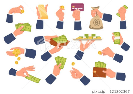 Businessman hands hold money. Gold coins and banknotes. Cash purse. Credit card. Finance calculation and budget planning. Tray with dollar currency. Saving or payment. Financial vector set Businessman hands hold money. Gold coins and banknotes. Cash purse. Credit card. Finance calculation and budget planning. Tray with dollar currency. Saving or payment. Financial vector set 121202367