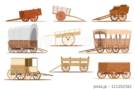 Cartoon wooden wagon. Vintage vehicle. Old western carriage with big wheels. Covered tent wheelbarrow. Stagecoach trip. Cargo or passenger transportation. Vector antique transport set 121202382