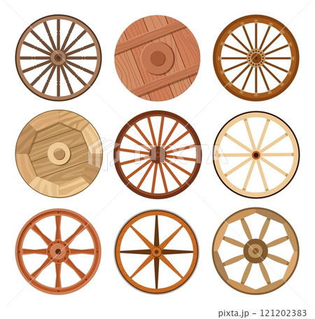 Cartoon wooden wheels. Old wheels from carts and chariots. Ancient cartwheels. Wild west transportation. Stagecoach wood tire. Old transport circles. Retro vehicles elements vector set Cartoon wooden wheels. Old wheels from carts and chariots. Ancient cartwheels. Wild west transportation. Stagecoach wood tire. Old transport circles. Retro vehicles elements vector set 121202383