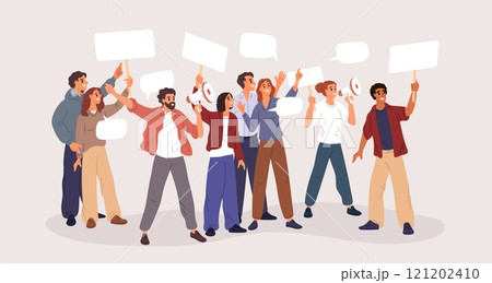 Group of protesters with megaphones. Loud election campaign support parade. Public speaking with loudspeakers. People team at demonstration. Activists picket. Garish vector concept 121202410