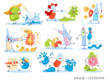 Medicines against viruses. Antibiotic fight evil germs. Cartoon microbes and injections. Pharmacy pill characters and illness pathogen cells battle. Vaccine syringe. Splendid vector set 121202416