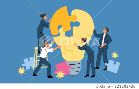 Office staff solve problem. People working together to assemble light bulb from puzzle pieces. Idea development. Successful employees teamwork. Team brainstorming. Garish vector concept 121202420