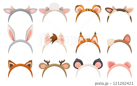 Party animal headbands. Cute kids headwear. Different ears and horns. Photo booth props. Tiger and rabbit. Birthday costume. Holiday accessory. Portrait zoo elements. Recent vector set 121202421