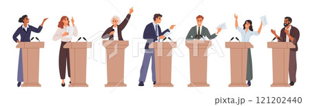 Speakers speak from stands. Political debate discussions. Presidential candidates with programs. People standing at tribunes. Election campaign. Politician speech. Garish vector set Speakers speak from stands. Political debate discussions. Presidential candidates with programs. People standing at tribunes. Election campaign. Politician speech. Garish vector set 121202440
