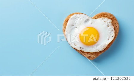 Delicious fried eggs in the shape of a heart on a blue background. Romantic breakfast. valentine's day. A place for the text 121202523