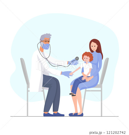 Mom with baby sitting on chair in front of doctor with stethoscope 121202742