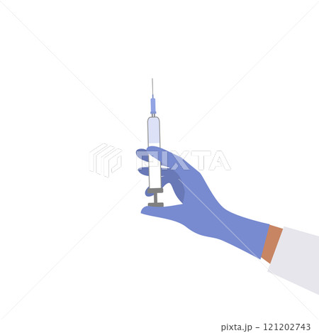 Syringe with the medicine in the hand of the medical worker, placed with the needle facing up Syringe with the medicine in the hand of the medical worker, placed with the needle facing up 121202743