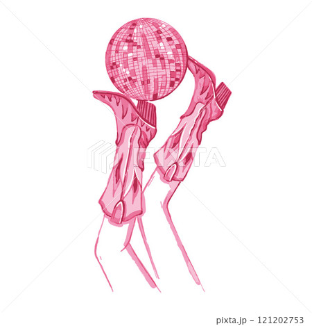 Cowgirl legs in boots, disco ball, watercolor American west footwear, vector pink female heels print 121202753