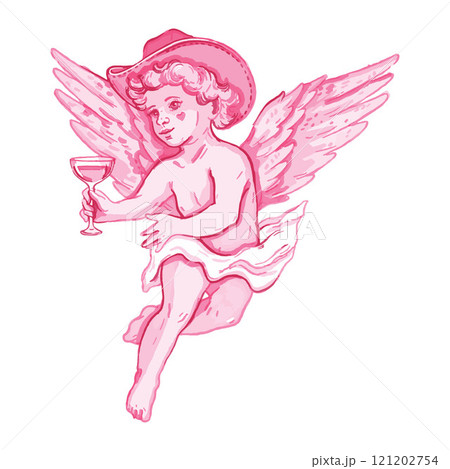 Cute cowboy cherub illustration, watercolor baby angel bachelorette wedding party vector pink design 121202754