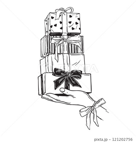 Christmas gift box vector icon, holiday doodle present package illustration, woman hand purchase. Christmas gift box vector icon, holiday doodle present package illustration, woman hand purchase. 121202756