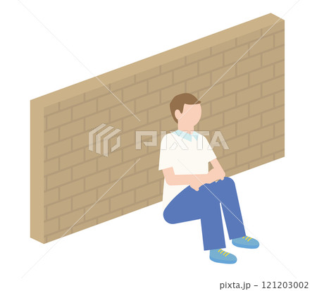 壁の前で落ち込む男子学生のイラスト 121203002