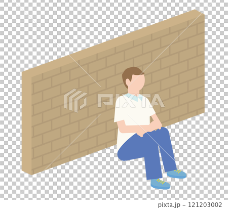 壁の前で落ち込む男子学生のイラスト 121203002