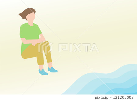 浜辺で落ち込む成人女性のイラスト 121203008