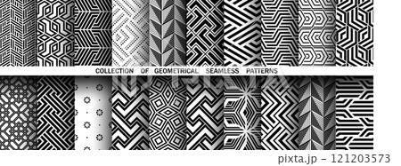 Geometric set of seamless black and white patterns. Simple vector graphics. Geometric set of seamless black and white patterns. Simple vector graphics. 121203573