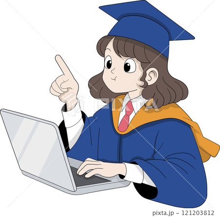 Smiling Graduate Student Using Laptop While Wearing Cap and Gown for Online Learning Concept Smiling Graduate Student Using Laptop While Wearing Cap and Gown for Online Learning Concept 121203812