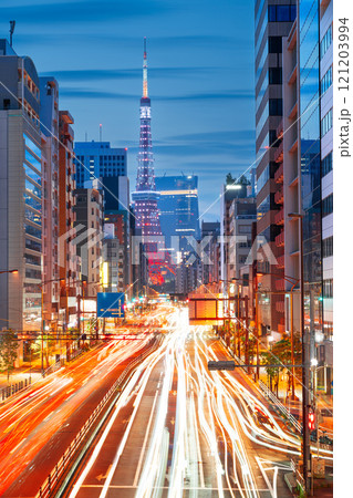 Tokyo, Japan with Tokyo Tower over traffic at twilight. 121203994