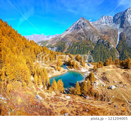Lac Bleu in Arolla, Switzerland at the bottom of the Val d'Herens in Autumn Season 121204005