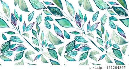 Leafy seamless pattern. Leaf, leaves, green branch textile fabric, texture background. Watercolor twig, seeds, leaf. Greenery decorative paper print. Hand drawing. Not AI, Vector illustration. Leafy seamless pattern. Leaf, leaves, green branch textile fabric, texture background. Watercolor twig, seeds, leaf. Greenery decorative paper print. Hand drawing. Not AI, Vector illustration. 121204265