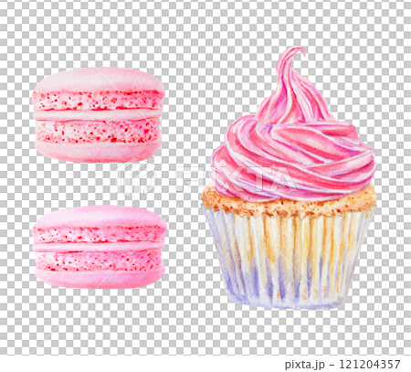 Set of baked goods. Cupcake with hot pink swirl icing and macarons. Isolated watercolor hand drawn clipart perfect for bakery branding, dessert menu, food related design, greeting cards, party project 121204357