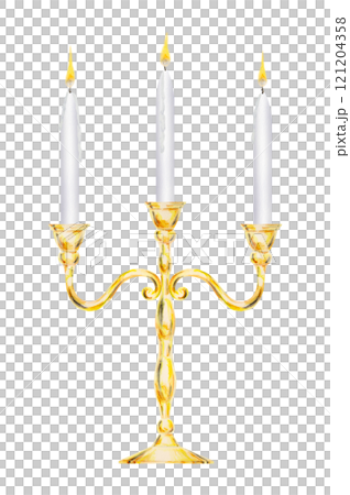 Watercolor isolated clip art of elegant golden candelabra with three white candles burning with yellow flame. Perfect for weddings, event decor, romantic dinners, Valentine's Day, Christmas 121204358