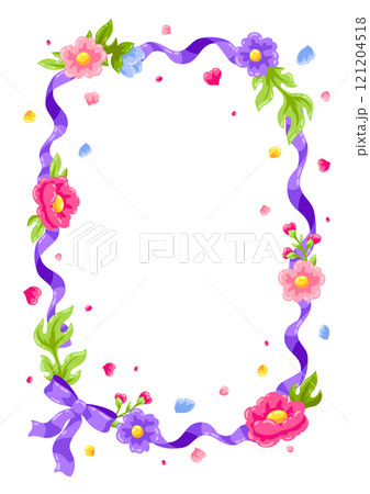 Ribbon with bow and flowers. Beautiful decorative natural plants and leaves. 121204518