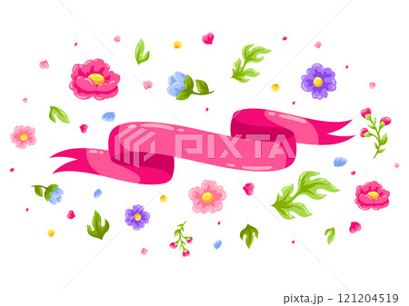 Background with flowers and ribbon. Beautiful decorative natural plants and leaves. 121204519
