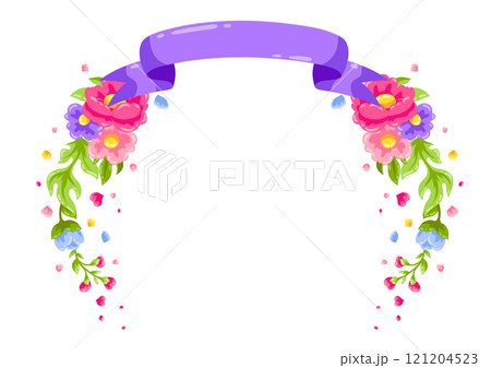 Background with flowers and ribbon. Beautiful decorative natural plants and leaves. 121204523