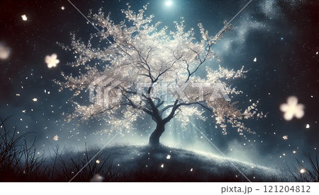 月明かりに照らされた幻想的な夜の桜の木 121204812
