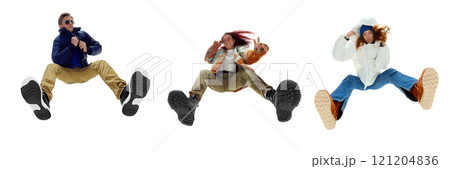 Group of fashionable young adults people, man and woman, dynamically posing against white background. Bottom view. 121204836