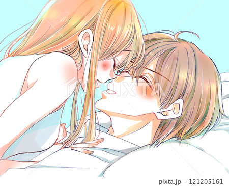 ベッドでたわむれる男女カップル 笑顔 ベッドでたわむれる男女カップル 笑顔 121205161